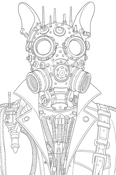 A stylized character wearing a gas mask and a leather jacket with various mechanical details.