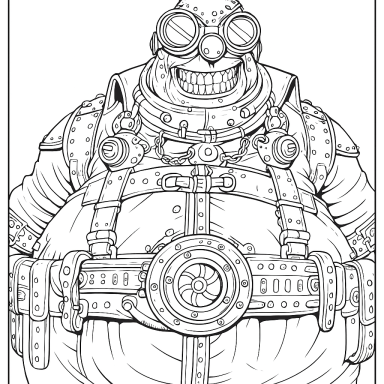 A cartoonish, overweight character in steampunk attire with goggles and a belt of gadgets.